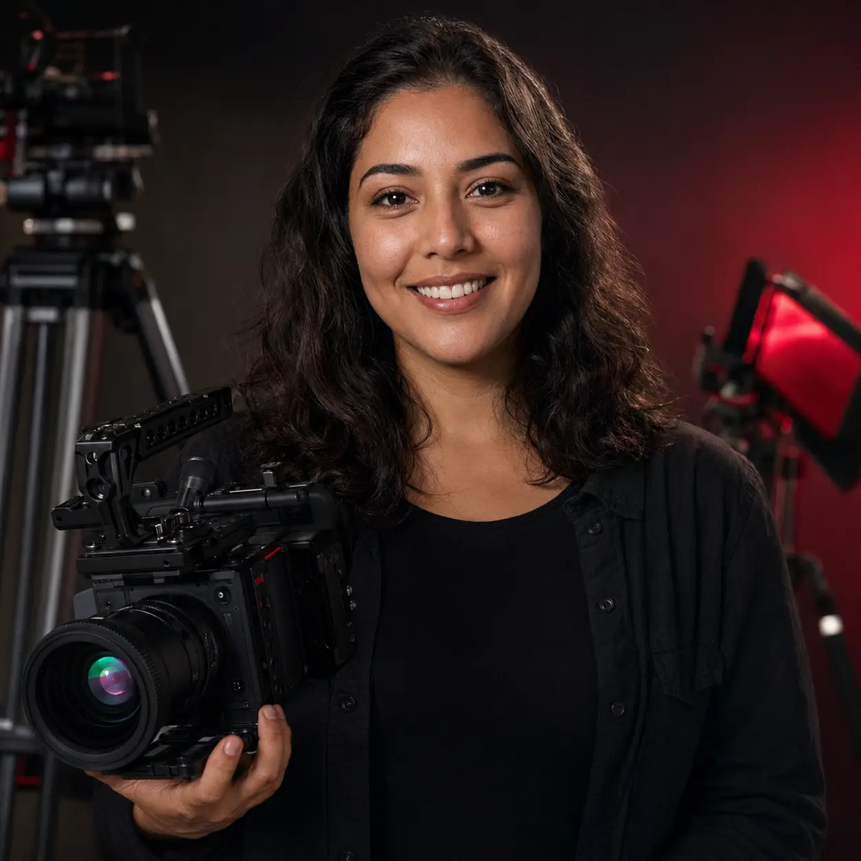 Marina Costa, videomaker de eventos, segurando uma câmera profissional